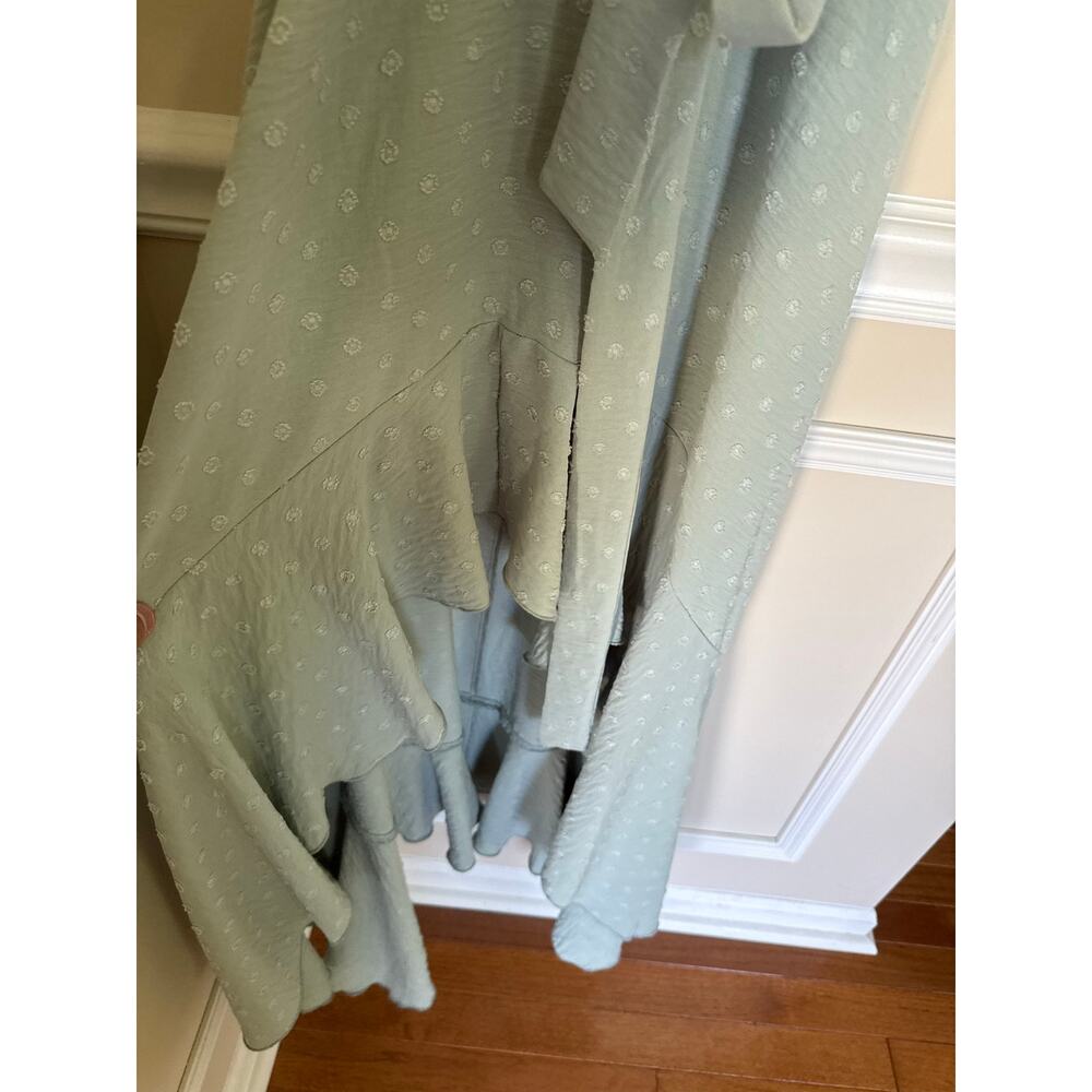 Altar’d State | Sage Green Polka Dot Textured V-Neck Maxi Dress Ruffle Shoulders - Picture 5 of 11